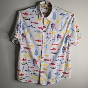 Mountain and Isles Fish Print Button Up Short Sleeve Shirt Mens Size L‎